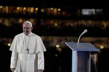 Pope Francis attends the Festival of Families at the Croke Park Stadium in Dublin, Ireland. AP