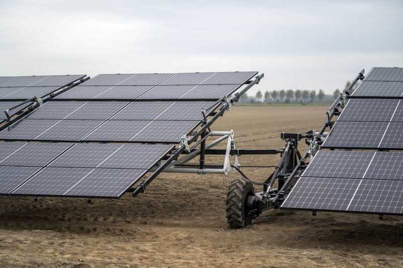 A mobile solar park in the Netherlands. There are more than 100 megawatts of solar panels for every 100,000 Dutch residents. EPA