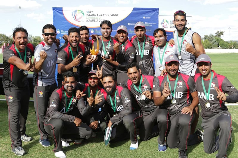 ICC World Cricket League. Division 2 - Namibia 2018. UAE cricket team at the closing ceremony. Courtesy ICC World Cricket League