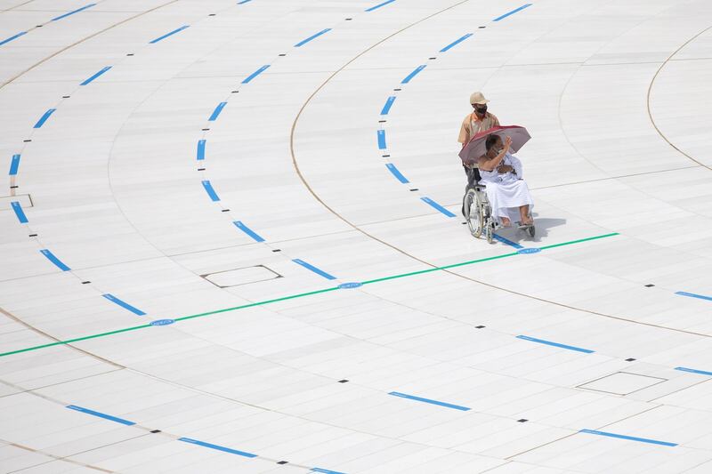 A pilgrim circling around the Kaaba at the Masjidil Haram, Islam's holiest site, during the Tawaf Al-Qudum (Tawaf of Arrival) on the first day of Hajj 2020, in Mecca, Saudi Arabia.  EPA