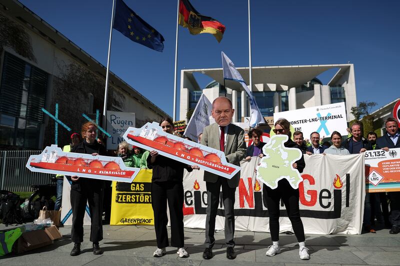 Activists held a protest against the new terminal outside Chancellor Olaf Scholz's office in Berlin this week. Getty