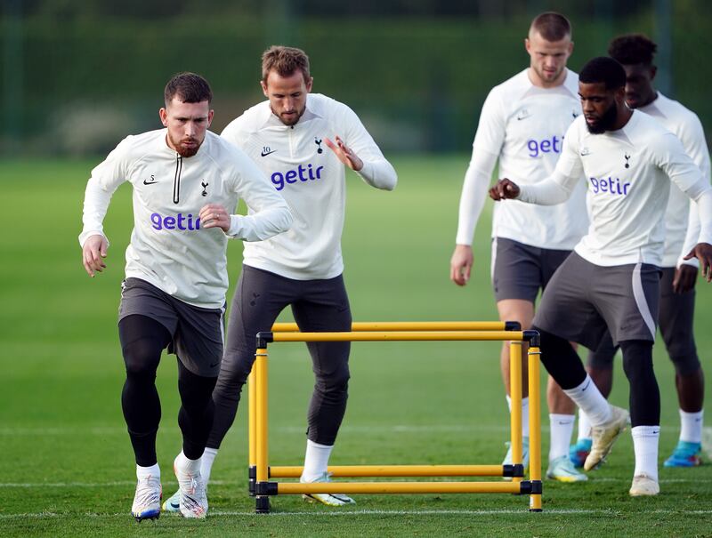 Tottenham midfielder Pierre-Emile Hojbjerg, left, during training. PA