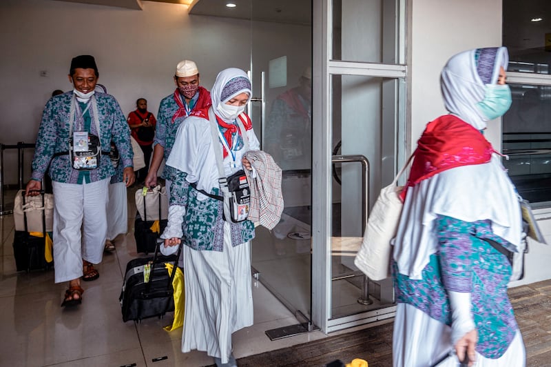 Indonesian pilgrims prepare to depart from Juanda International Airport in Surabaya. AFP