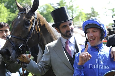 Strictly Editorial Use Only - No Merchandising
Mandatory Credit: Photo by Back Page Images/Shutterstock (1198180w)
The Ribblesdale Stakes..Sheikh Mohammed Bin Rashid Al Maktoum with jockey Frankie Dettori after they had won with racehorse Hibaayeb.
Royal Ascot, Ladies Day, Berkshire, Britain - 17 Jun 2010