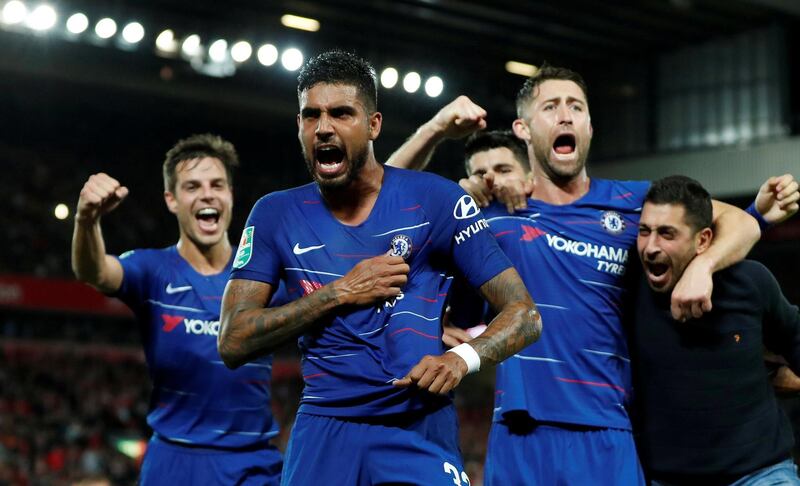 Soccer Football - Carabao Cup - Third Round - Liverpool v Chelsea - Anfield, Liverpool, Britain - September 26, 2018  Chelsea's Emerson Palmieri celebrates scoring their first goal   Action Images via Reuters/Lee Smith  EDITORIAL USE ONLY. No use with unauthorized audio, video, data, fixture lists, club/league logos or "live" services. Online in-match use limited to 75 images, no video emulation. No use in betting, games or single club/league/player publications.  Please contact your account representative for further details.      TPX IMAGES OF THE DAY