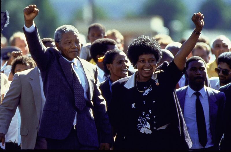 ANC ldr. Nelson Mandela and wife Winnie raising fists upon his release from Victor Verster prison after 27 yrs.  (Photo by Allan Tannenbaum/The LIFE Images Collection via Getty Images/Getty Images)