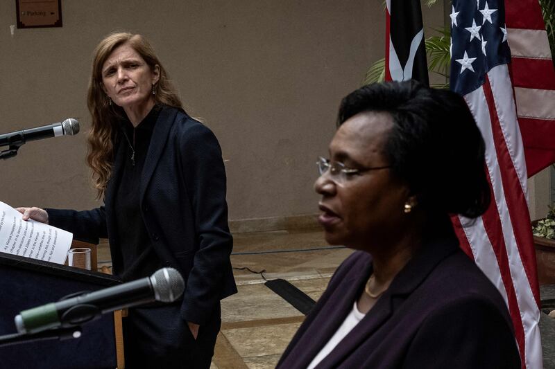 USAID chief Samantha Power speaks during a joint press conference with Kenya's Public Service Cabinet Secretary Margaret Kobia in Nairobi. AFP