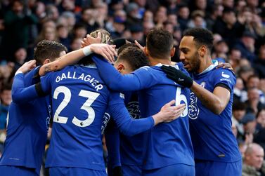 Chelsea's Kai Havertz celebrates with teammates after scoring his side's opening goal during the English Premier League soccer match between Chelsea and Crystal Palace at Stamford Bridge Stadium in London, Sunday, Jan.  15, 2023.  (AP Photo / David Cliff)