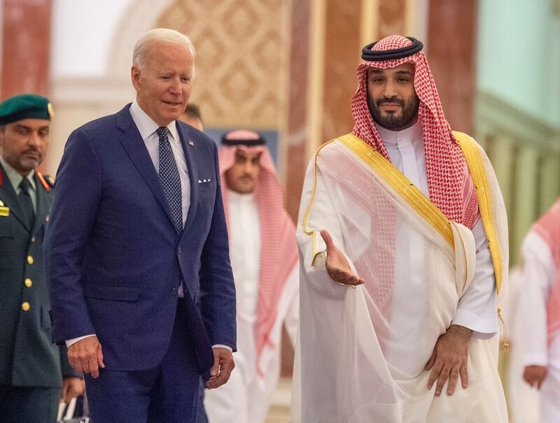 Saudi Crown Prince Mohammed bin Salman greets US President Joe Biden at Al Salam Palace in Jeddah, Saudi Arabia, in July. AP
