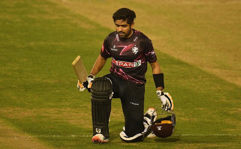 Somerset's Pakistan batsman Babar Azam celebrates after reaching his century during the T20 Blast match against Glamorgan at Sophia Gardens in Cardiff on Wednesday. Getty