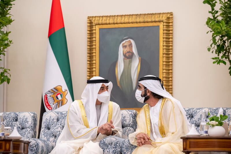 President Sheikh Mohamed speaks with Sheikh Mohammed bin Rashid, Vice President and Ruler of Dubai, during an Eid Al Adha reception at Mushrif Palace. Photo: Ministry of Presidential Affairs

( Hamad Al Kaabi / Ministry of Presidential Affairs )​
---