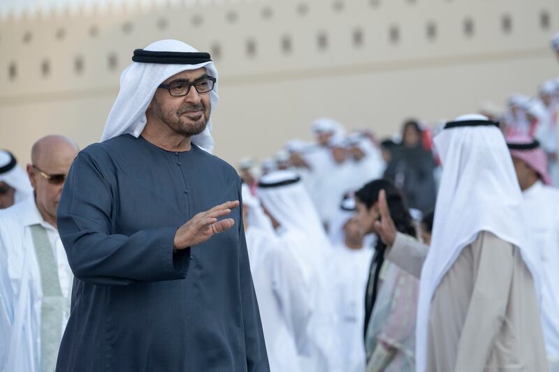 President Sheikh Mohamed arrives at the Sheikh Zayed Heritage Festival in Al Wathba to attend the Union Parade. Rashed Al Mansoori / Presidential Court