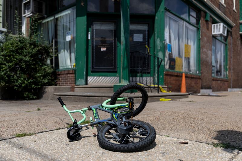 A child's bike at the scene of the shooting in Philadelphia. AP