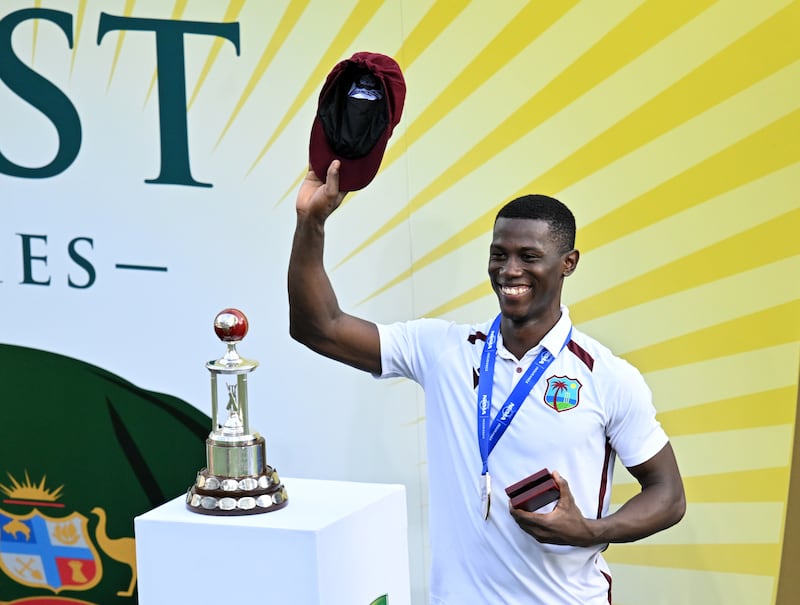 Shamar Joseph of the West Indies waves to the crowd after being named player of the match and series after clinching an eight-run win in the second Test against Australia in Brisbane on Sunday, January 28, 2024. EPA
