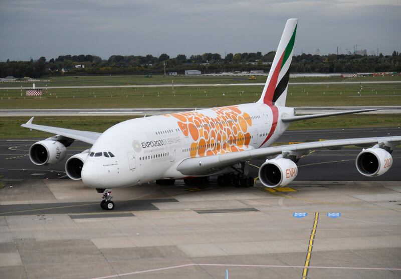 This picture shows an Airbus A380 of the Emirates airline after landing on September 24, 2019 at the airport in Duesseldorf, western Germany. (Photo by INA FASSBENDER / AFP)