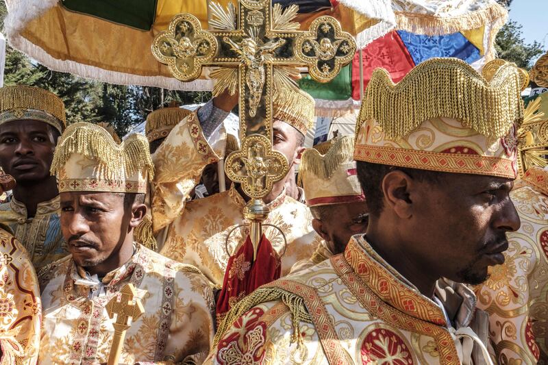 Ethiopian Orthodox deacons attend the burial ceremony of the late Abune Merkorios, fourth patriarch of the Ethiopian Orthodox church, in Addis Ababa. AFP