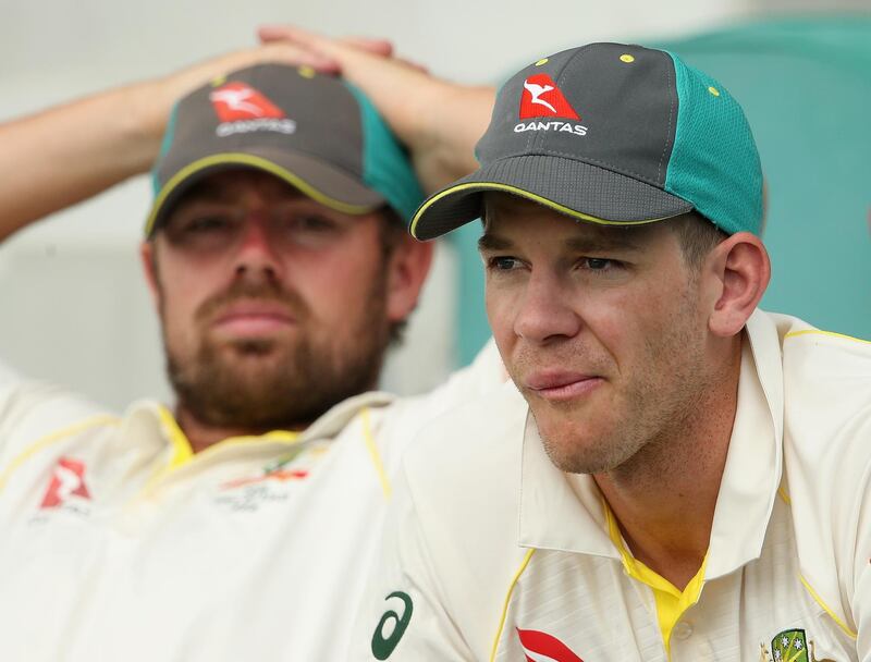 Tim Paine of Australia looks on during day four of the Second Test match between Australia and Pakistan. Getty Images