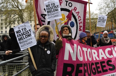 Anti-fascist protesters demonstrate against the visit of Giorgia Meloni in Westminster. EPA