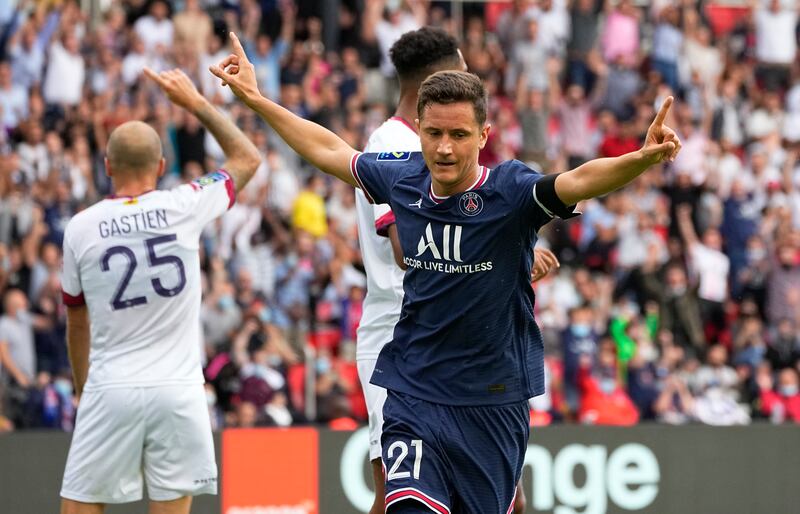 Ander Herrera celebrates after scoring Paris Saint-Germain's opening goal against Clermont. AP