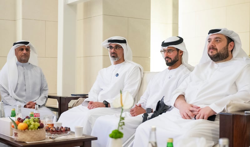 From left, Jassim Al Zaabi, Abu Dhabi Executive Council member and chairman of the Abu Dhabi Department of Finance; Sheikh Khaled bin Mohamed, Crown Prince of Abu Dhabi and chairman of Abu Dhabi Executive Council,; Sheikh Zayed bin Hamdan, chairman of the National Media Office; and Mohamed Al Suwaidi, Minister of Investment, attend a meeting at Al Shati Palace