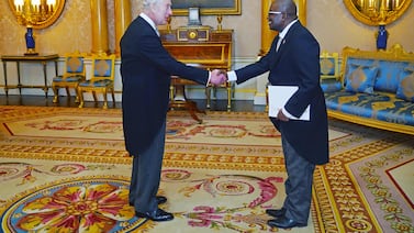 King Charles III, who is being treated for cancer, meets Burundi's ambassador in Britain, Epimeni Bapfinda, on Thursday. AFP