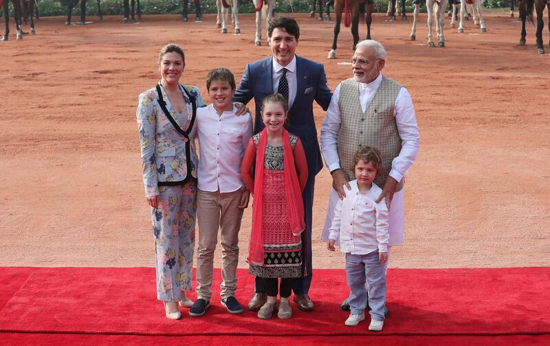 The Trudeau family's group photo with Mr Modi. Harish Tyagi / EPA