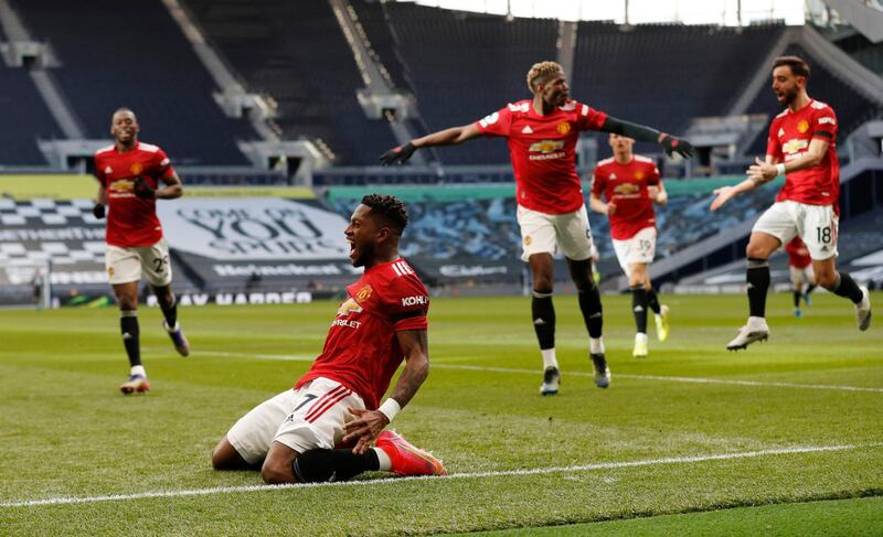 Fred celebrates after scoring for Manchester United at the Tottenham Hotspur Stadium. Reuters
