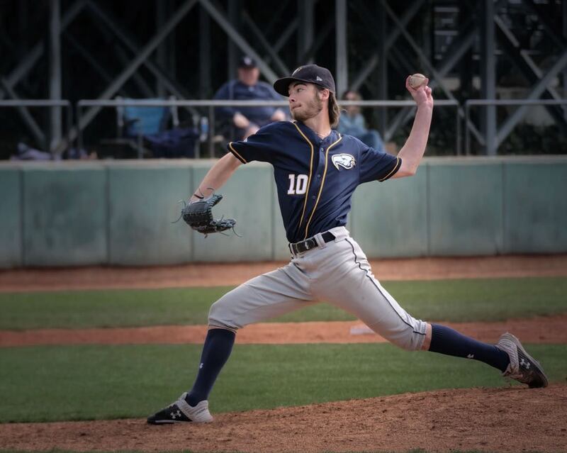 Ollie Duthie, seen here pitching for the University of British Columbia, has become the first Dubai-born and raised student to play baseball at college level in North America. Photo: Roger Duthie