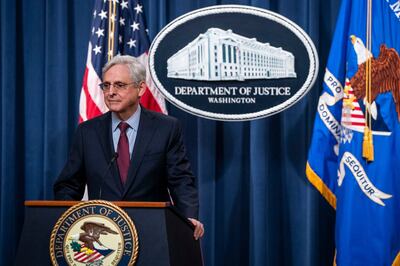 US Attorney General Merrick Garland speaks during a news conference at the Department of Justice in Washington on Tuesday. Bloomberg