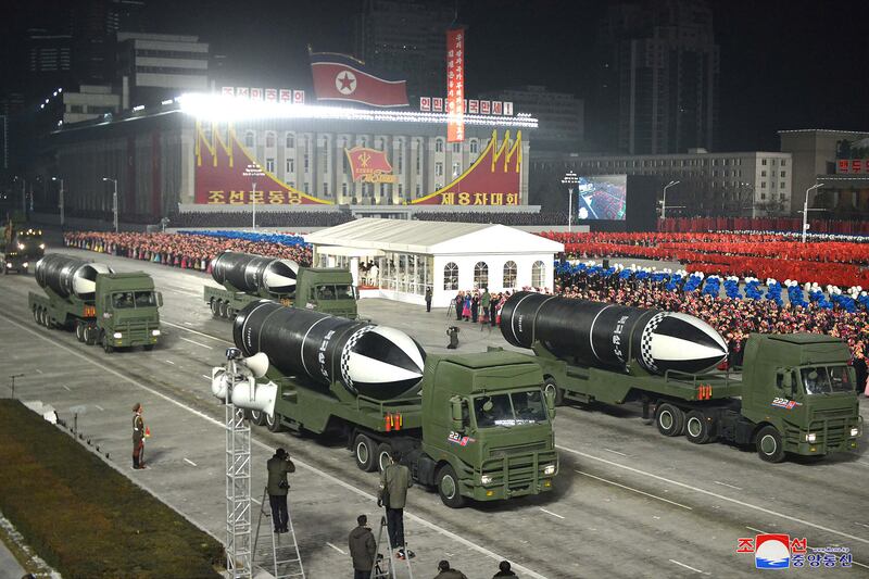 What appears to be submarine-launched ballistic missiles are displayed, marking the eighth Congress of the Workers' Party of Korea (WPK) in Pyongyang. AFP