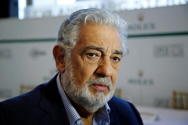 Placido Domingo speaks at the Dorothy Chandler Pavilion in Los Angeles. AP Photo/Damian Dovarganes