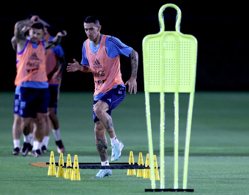 Angel Di Maria of Argentina warms up during the training session at Qatar University. Getty