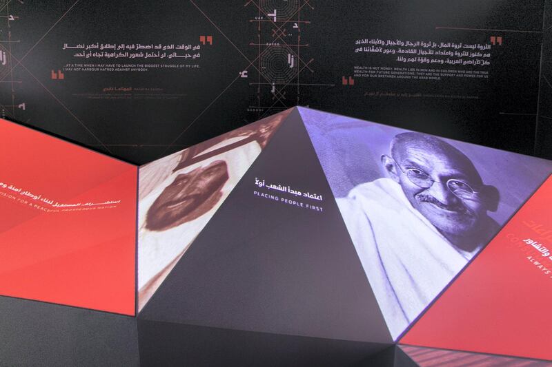 ABU DHABI, UNITED ARAB EMIRATES - March 12 2019.

Zayed-Gandhi Digital Exhibition in Manarat Al Saadiyat.

Organized by the Ministry of Culture and Knowledge Development  in collaboration with the Mahatama Gandhi Digital Museum in New Delhi, the exhibition celebrates humanitarian values and legacies of Sheikh Zayed bin Sultan Al Nahyan and Mahatma Gandhi. 

(Photo by Reem Mohammed/The National)

Reporter:  
Section:  NA 