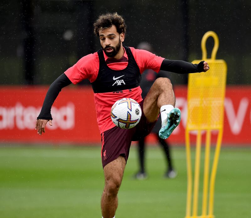 Liverpool's Mohamed Salah prepares to take on Manchester City during a training session in Kirkby, England. All photos by Getty Images