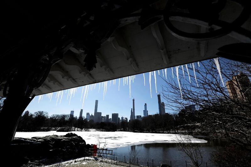 Icicles hang from a gazebo in Central Park, New York. EPA