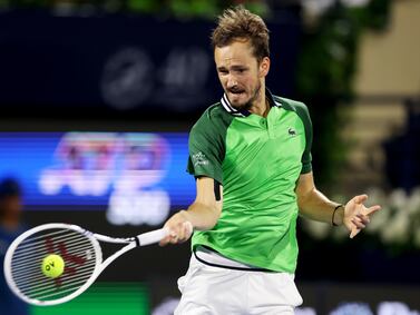 DUBAI, UNITED ARAB EMIRATES - FEBRUARY 29: Daniil Medvedev plays a forehand against Alejandro Davidovich Fokina of Spain in their quarterfinal match during the Dubai Duty Free Tennis Championships at Dubai Duty Free Tennis Stadium on February 29, 2024 in Dubai, United Arab Emirates. (Photo by Christopher Pike / Getty Images)