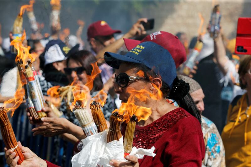 Worshippers outside the Church of the Nativity in Bethlehem. Reuters