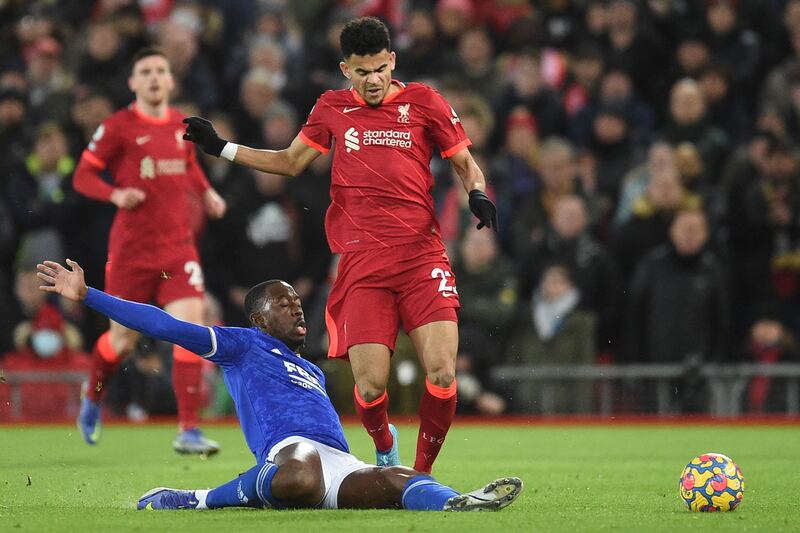 Leicester's Boubakary Soumare tackles Liverpool new boy Luis Diaz. AFP