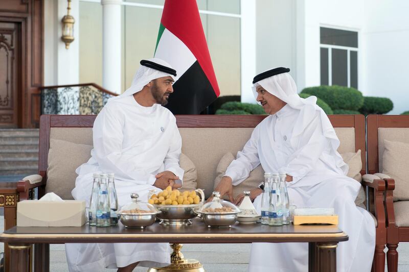 ABU DHABI, UNITED ARAB EMIRATES - March 5, 2018: HH Sheikh Mohamed bin Zayed Al Nahyan, Crown Prince of Abu Dhabi and Deputy Supreme Commander of the UAE Armed Forces (L), receives Dr Abdullatif bin Rashid Al-Zayani, Secretary-General of the Gulf Cooperation Council (GCC) (R), during a Sea Palace barza.

( Rashed Al Mansoori / Crown Prince Court - Abu Dhabi  )
---