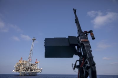 Israel's offshore Leviathan gas field is seen from on board the Israeli Navy Ship Lahav during a rare tour in the Mediterranean Sea, Israel, Tuesday, Sept. 29, 2020. After a coronavirus-related delay, Israel's navy is preparing for the long-awaited arrival of its next generation of missile boats - giving it a powerful new tool to defend its strategic natural gas industry from the threat of the Lebanese militant group Hezbollah. (AP Photo/Ariel Schalit)