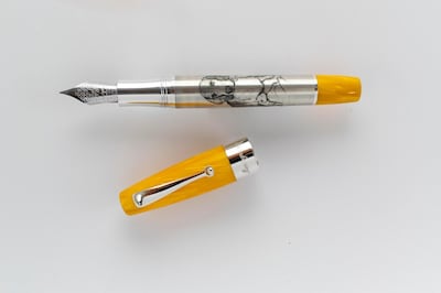 The Montegrappa pen, engraved by Mario Rossetti with an image of Polly Phillips's dog, Popple