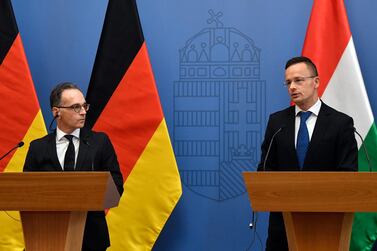 Hungarian Minister of Foreign Affairs and Trade Peter Szijjarto (R) and his German counterpart Heiko Maas hold a joint press conference after their meeting in the Ministry of Foreign Affairs and Trade in Budapest, Hungary, 4 November 2019. EPA/Zoltan Mathe HUNGARY OUT