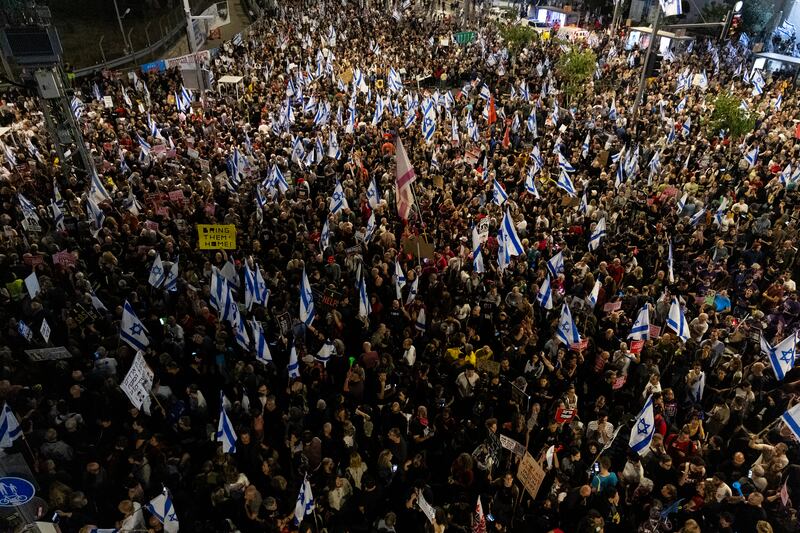 Protesters during a rally against the Israeli government called for a deal with Hamas to secure the immediate release of hostages kidnapped in the October 7 attack, in Tel Aviv. Getty Images