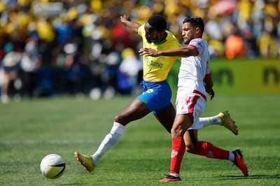 Sundowns' goalscorer Peter Shalulile battles for the ball with Wydad's Yahia Attiyat Allah during the African Football League final second-leg. AFP