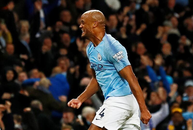 Soccer Football - Premier League - Manchester City v Leicester City - Etihad Stadium, Manchester, Britain - May 6, 2019  Manchester City's Vincent Kompany celebrates scoring their first goal         Action Images via Reuters/Jason Cairnduff