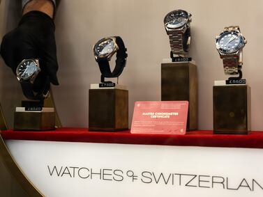 A display of Omega SA watches in the window of a Watches of Switzerland Group shop on Regent Street in London. Bloomberg