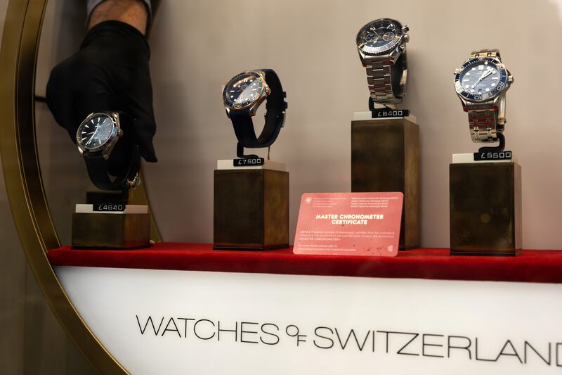 A display of Omega SA watches in the window of a Watches of Switzerland Group shop on Regent Street in London. Bloomberg