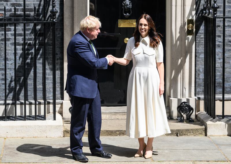 Ms Ardern with her British counterpart Boris Johnson, as she arrives for a meeting at Downing Street on July 1, 2022, in London. Getty