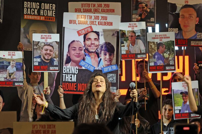 Protesters during a demonstration in Tel Aviv, calling for the release of Israeli hostages held in Gaza since the October 7 attacks. AFP