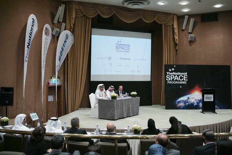 Mohammed Al Otaiba, Editor-in-Chief of The National, with Dr Mohammed Al Ahbabi, Director General of the UAE Space Agency and Peter McGrath, Director, Global Sales and Marketing, Space Exploration, Boeing, at the press conference. Philip Cheung for The National